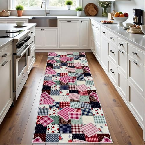 Meugesoi Patchwork Plaid Tapis de Couloir Extra Long, Géométrique Carré Tapis de Passage Antidérapant Lavable, Pastoral Vintage Carpet pour Couloir, Entrée, Buanderie, Chambre, 80x350 cm