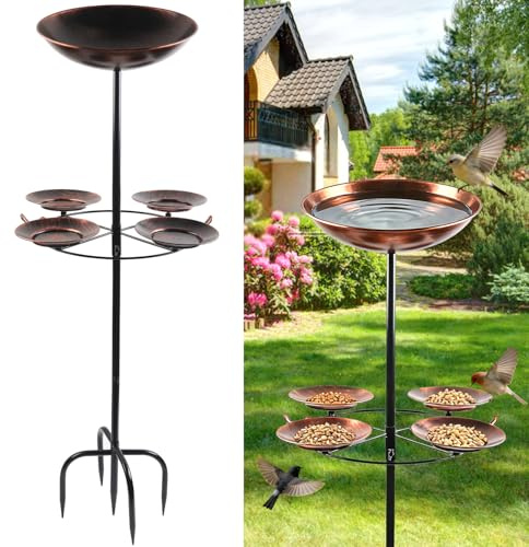 Abbeveratoio per uccelli in metallo su piedistallo, vintage, con decorazione di uccelli e foglie, per giardino, terrazza, cortile, supporto stabile e facile da montare (capacità extra grande)