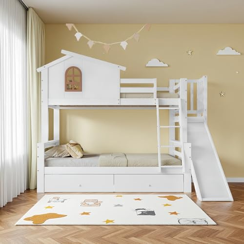 Sapgaks Lit superposé Enfant 90/120 x 200 cm avec Toboggan,Deux tiroirs,fenêtres Originales et échelle inclinable à Quatre marches,lit 2 Personne,Cadre de lit Enfant en Bois Massif (Blanc)