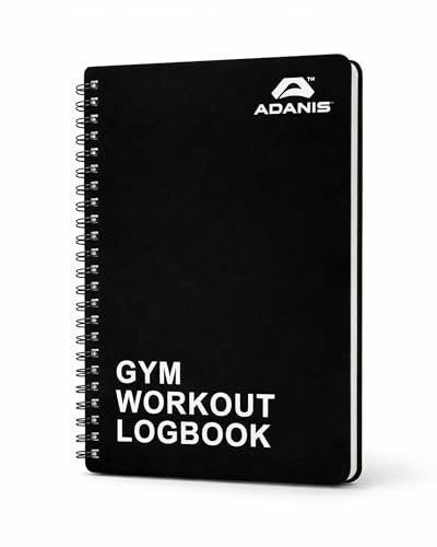 Adanis Workout Notepad Black Gym Training Log Book with Exercise, Sets, Reps and Cardio Tracking Pages, Spiral Bound PU Cover Fitness Journal, 52 Sheets 104 Pages, A5 Size for Gym Bags