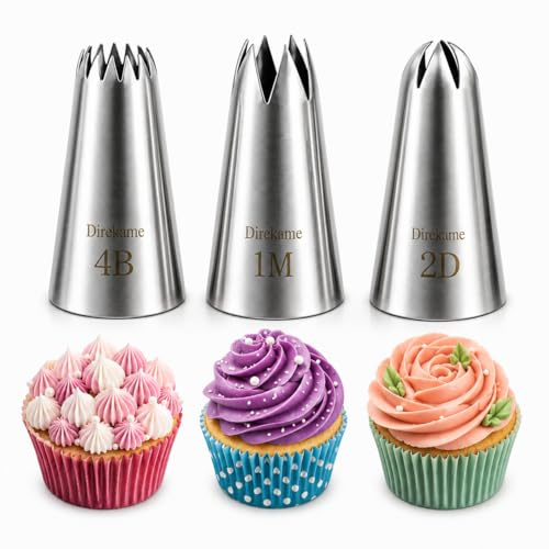 Cake Decorating Nozzle Set 1M 2D 4B, 3 Pack Seamless Stainless Steel Icing Piping Tips for Cupcake and Cookies