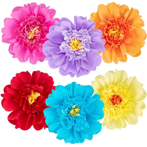 SUNBEAUTY Handgjorda crepeller-blommor, färgglada, set om 6, dekorativa pappersblommor i orange, lila, röd, blå, rosa och gul