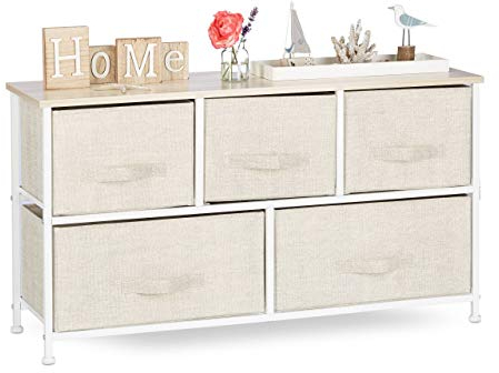 Relaxdays Regalsystem, 5 Stoff-Schubladen, universale Schubladenbox, Metall und Holz, HxBxT: 54,5 x 100 x 30 cm, beige, Design E