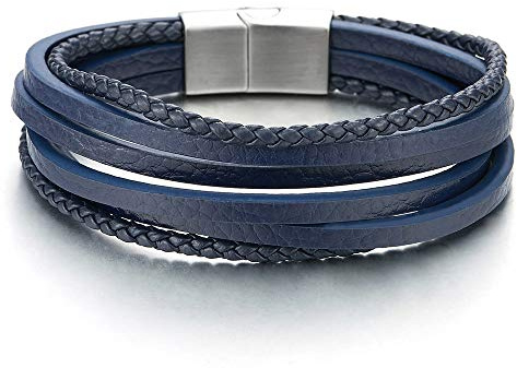Herren Damen Multi-Strang Navy Blau Lederarmband Armband Geflochtene Echtes Leder Schweißband Edelstahl Magnetverschluss