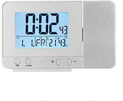 Wifehelper Projektion Digitaler Wecker LED Multifunktionszeit Datum Woche Temperatur USB-Anschluss Laden Innen Schlafzimmer Büro (Silber)