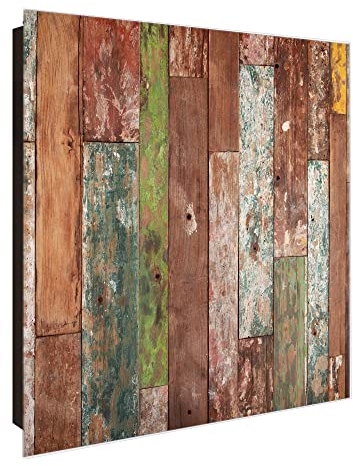 banjado Großer Schlüsselkasten Glas - Schlüsselbox 30x30cm mit 50 Haken - Schlüsselkasten modern für Schlüsselaufbewahrung mit beschreibbarer, magnetischer Glastür - Motiv Buntes Holz