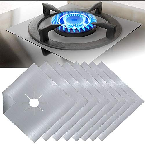 EMAGEREN 8pcs Protectores para Cocinas de Gas Protectores Antiadherentes Estufa a Gas Fundas para Quemador de Gas Protectoras para Hornillos de Gas Protectoras Reutilizables de Gas, Plata 27x27cm