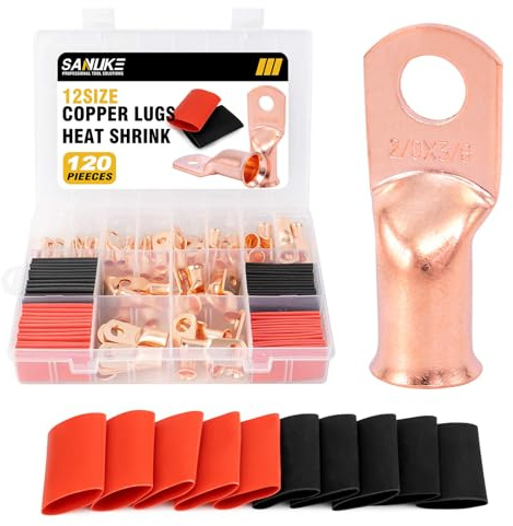 Sanuke 120Pcs AWG 8 6 4 2 Copper Wire Lugs with Heat Shrink Set, 60Pcs Heavy Duty Battery Cable Closed End Tubular Ring Terminals Connectors with 60Pcs Heat Shrink Tubing