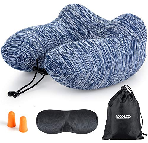 iCOOLIO nackenkissen Flugzeug, nackenkissen aufblasbar, Reisekissen Auto, Nackenhörnchen Erwachsene mit Schlafmaske, Reise Kissen Waschbarem Bezug, travel Pillow