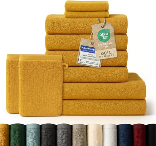 Blumtal - Set med handduk - 2 badhanddukar - 4 handtorkar - 2 gästhanddukar - 2 tvättlappar - mjuk och absorberande - 100% bomull - Oeko-TEX® certifierad - senapsgul