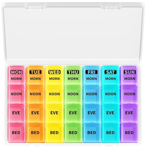 Opret Pill Box 7 Day 4 Times a Day, Weekly Travel Tablet Organiser | Pill Organiser with case, Portable, Compact, 28 Compartments, for Vitamin Fish Oil Supplements Medication