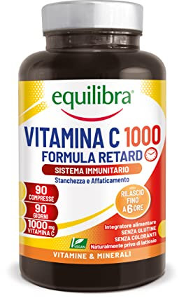 Equilibra Integratori Alimentari, Vitamina C 1000 mg, Integratore Altodosato per la Normale Funzione del Sistema Immunitario, Rilascio Graduale Fino a 6 Ore, Vegan, Gluten Free, 90 Compresse
