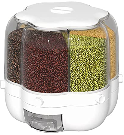 TRANSIMAGINE 6-Grid Round Rice Dispenser 360° Rotating Food Bucket Transparent Rice Storage Container Rotatable Dry Food Fruit Cereal Storage Box Tank for Home Kitchen, White