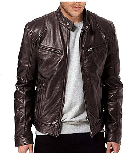 TnmZi Langarm Jacke Herren Frühling Slim Fit Winddichte Jacke Männer Stehkragen Mode Trend Einfarbig Lederjacke Herren Persönlichkeit Reißverschluss Taschen Casual Jacke Herren A-Brown1 S
