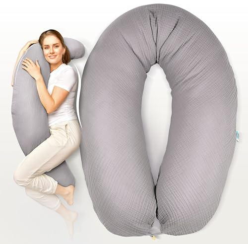 sei Design Stillkissen XXL Mikroperlen-Füllung mit Musselin-Bezug aus Baumwolle [100% Bio-Baumwolle ], Lagerungskissen Schwangerschaftskissen Seitenschläferkissen 190x35 cm groß
