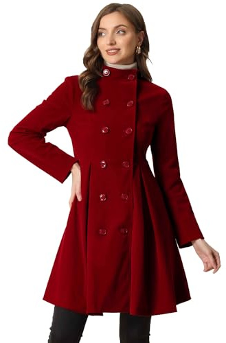 Allegra K Damen Flare Mantel Stehkragen Zweireihiger Elegant Samt Alinie Wintermantel Dunkelrot S