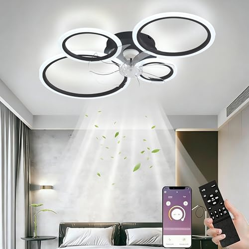 MiiR LED Deckenventilator mit Beleuchtung, 85CM Lampe mit Ventilator Und Fernbedienung APP, 60W Deckenlampe Mit Ventilator Deckenventilator mit Licht, Ceiling Fan Für Schlafzimmer Wohnzimmer,Schwarz