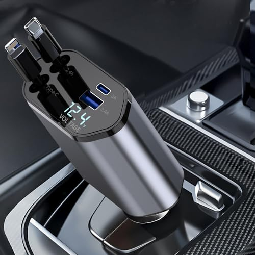 Ofottofo Retractable Chargeur Voiture, Chargeur de Voiture 4 en 1 à Charge Ultra Rapide Max 66W, câble rétractable Adaptateur Allume Cigare pour iPhone 16 15 14 13 Pro Max, iPad, Galaxy S23