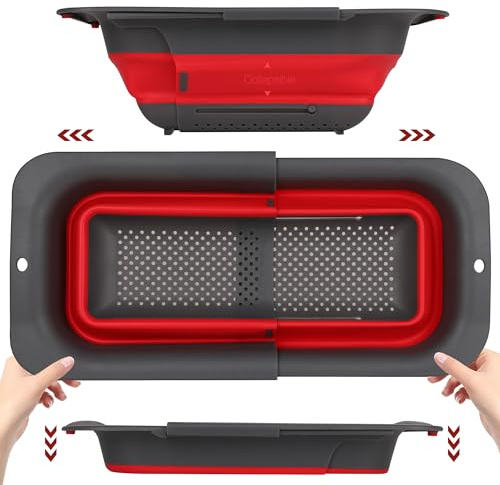 ROTTOGOON 7Qt Collapsible Colander Strainer, Expandable Over the Sink Colander, Adjustable Silicone Kitchen Sink Strainer, Foldable Large Colanders Basket to Wash Vegetable, Fruit, 15 to 19.9, Red