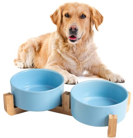 Viusneun Hundenapf Keramik, 2 Stück Futterschüssel Wassernapf Napf mit Bambus Ständer für mittelgroße und große Hunde Futter- und Wassernapf (Blau,12 * 5cm/300ml)