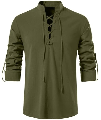 Rodawu Herrskjortor långärmade bomullslinne skjortor medeltida dragsko Henley skjortor viking toppar, Mörkgrön, L