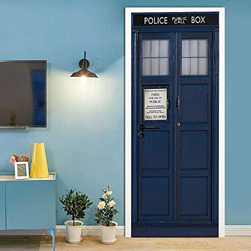Trompe l'oeil Adesivi per Porte Carta Parati Porta Sticker Murale Poster Adesivi per Porte Interne Autoadesiva Impermeabile Fotomurali Wallpaper Decorazione da Parete 80x210 cm Porta Di Legno Blu