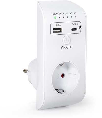 Zeitschaltuhr Steckdose Timer Steckdosenadapter Programmierbarer Countdown | Steckdosen Adapter Timer Schalter 6 Stunden USB Zeitschaltuhr AC230V 16A Timing Steckdose mit USB/Type-C-Ladeanschluss