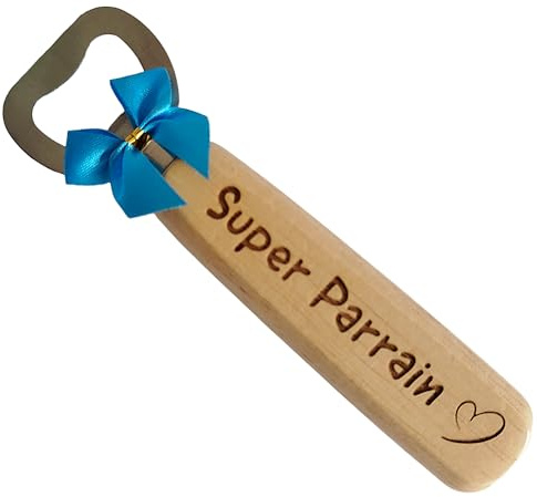 Super Parrain Décapsuleur en Bois Gravé et Personnalisé sur 2 Faces Cadeau Original pour Noël, Anniversaire Ouvre Bouteille pour le Meilleur Parrain