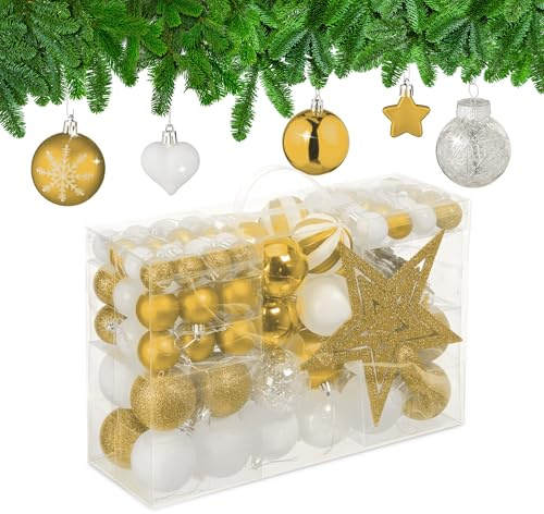Relaxdays Weihnachtskugeln 101er Set, Kunststoff, Weihnachtsbaumdeko mit Kugeln & Spitze, Christbaumschmuck, Farbwahl