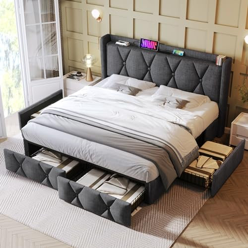 Aoskem Polsterbett Bett 160x200 cm Doppelbett, Bett mit Stauraum 4 Schubladen, Kopfteil mit USB, Stauraumbett Bettgestell mit Lattenrost, Flachbett Jugendbett Funktionsbett, Ohne Matratze, Leinen Grau
