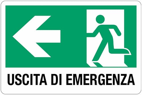 GLOBAL CARTELLO SEGNALETICO - Uscita di emergenza - con uomo che corre a sinistra - Adesivo Extra Resistente, Pannello in Forex, Pannello In Alluminio (Alluminio, 20x31 cm)