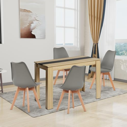 FURNITABLE Esstisch mit 4 Stühlen Esszimmergruppe, 4er Set Esszimmerstühle und 110CM Rechteckig Holztisch Essgruppe für Wohnzimmer Küche Büro (Eiche-Schwarz Tisch+4 Grau Stühle)