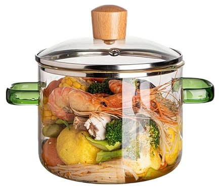 MUMQAQ Glass Cooking Pot,Glass Cooking Pot with Lid, 1.6L Clear Glass Simmer Pot Microwavable Glass Pot Heat Resistant Glass Cookware for Pasta Noodle, Soup, Milk, Tea,salad