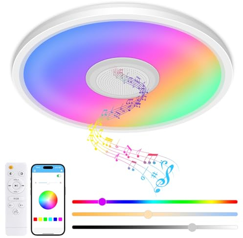 zemty ø30cm RGB Deckenleuchte mit Bluetooth Lautsprecher, 24W LED Deckenlampe Farbwechsel Dimmbar, Smart Schlafzimmerlampe APP-Steuerung und Fernbedienung für Kinderzimmer Wohnzimmer Badezimmer