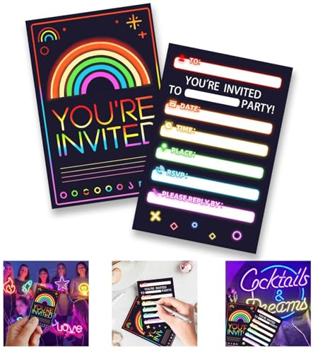 GHKJOK 20 PCS Neon Party Invitations Kids - Glow Rainbow Birthday