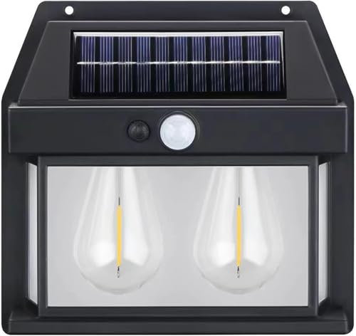 AntDau71® - Applique Lampada Da Parete Per Esterni Con Due Lampadine Filamento A Led Luce Calda Con Ricarica Ad Energia Solare Crepuscolare E Sensore Di Movimento – CW898