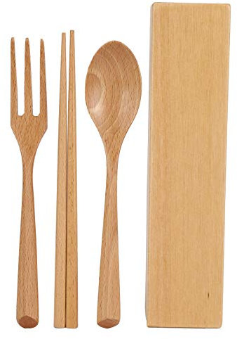 Wooden Cutlery Set, Wooden Chopsticks and Spoon Set Reusable Tableware Chopsticks Spoon Fork Kit with Case for Travelling Camping