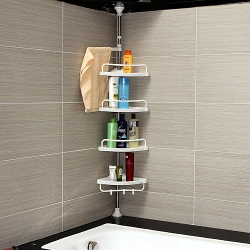 UUE Duschregal, Teleskop Duschregal, Shower Shelf mit Ablagefach, Edelstahl Teleskopregal Bad, Kein stanzender Badewannenregal, Teleskopregal Weiß 100-320cm
