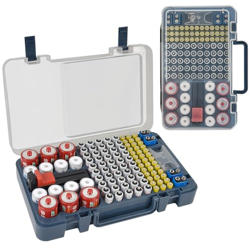 Xuerdon Battery Organizer Storage Case with Tester Checker. Batteries Holder Box Container for 120+ AA AAA 9V C D Lithium CR2025 CR1632 CR2032 Coin Cell Battery with Wall-Mounted Design -Blue
