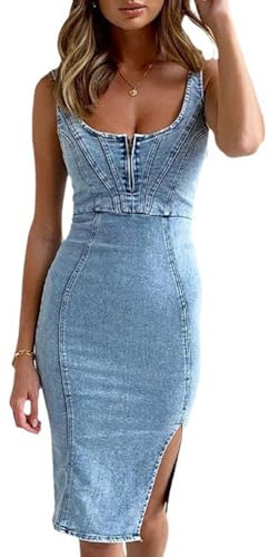 Sexig ärmlös slim fit jeansklänning för kvinnor med sidoöppning Jean Midi rund hals, Blå, L