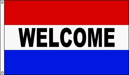 Drapeau de bienvenue en polyester rouge, blanc et bleu 0,9 x 1,5 m