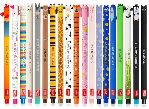 LEGAMI Set mit 19 radierbaren Gelstiften mit thermoempfindlicher Radiertinte, verschiedene Tintenfarben und Schaftdesigns, 0,7 mm Spitze, Tiermotive