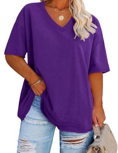 Fisoew Maglietta da Donna di Grandi Dimensioni, a Mezza Manica con Scollo a V, Estiva, Casual, Oversize, a Maniche Corte, in Cotone