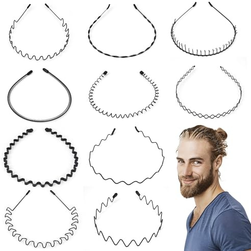 Elalove 10 stycken vågiga metallhårband, unisex elastiska pannband för män och kvinnor, halkfri design för sport, yoga och daglig stil