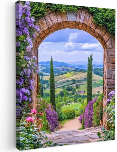 MuchoWow© Bild auf Leinwand Schlafzimmer Bilder Badezimmer Wand Deko | 60x80 cm - Wohnzimmer Modern Wanddeko Bilderwand Geschenk Fensterblick - Toskana - Landschaft - Einfahrt