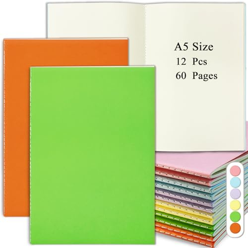 DWIYITTN Notizbuch A5 Blanko, 12 Stück Kraftpapier Notizheft mit 60 Seiten (30 Blatt) Blanko Heft Skizzenheft Notizblöcke Notizbücher set für Kinder Schüler Büro Back to School Geschenk - 6 Farben