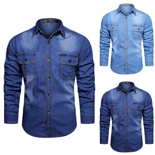 Chemise en jean pour homme en jean délavé à manches longues avec poches poitrine, Chemises bleues avec double poches, 5XL