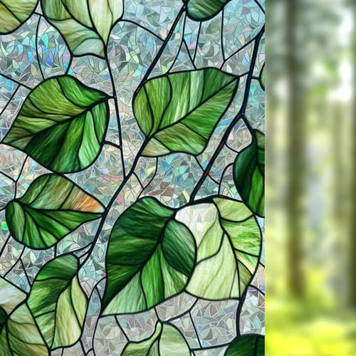 Nuxovilar Stained Glass Green Leaf Window Film, 17.7×39.4inch, Vine Plant Pattern Static Cling for Home & Decor (Crescent)