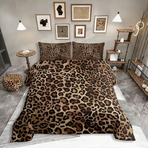 Homewish Braun Simuliertes Leopardenmuster Bettwäsche 200x200cm Leoparden Bettwäsche-Set für Kinder Jungen Mädchen Erwachsene,Bauernhaus Tiere Geparden Druck Bettbezug Schlafzimmer Dekor Mikrofaser