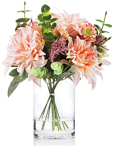 LCHJX Flor de Dalia Artificial Mixta y eucalipto en jarrón de Vidrio Transparente Silk Flower Flowemements para Decoraciones centrales de la Oficina en el hogar